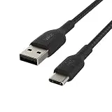 Belkin BoostCharge Braided USB-C to USB-A Cord (2M/6.6ft) for iPhone 15 Series, Samsung Galaxy S24 Series, Note20, Google Pixel 7 & 8, iPad Pro, Nintendo Switch, & More - Black