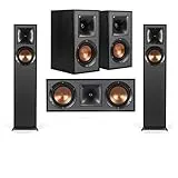 Klipsch Reference R-610F 5.0 Home Theater Pack, 2X R-610F Floorstanding Speakers + Pair, R-41M Bookshelf Home Speakers, R-52C Center Channel Home Speaker, Black