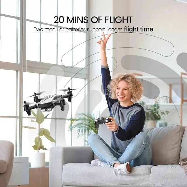 two rechargeable batteries, the DEERC D20 Mini Drone
