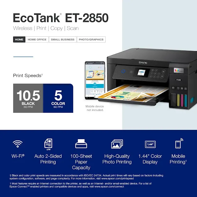 maximum print speed of 5 ppm (color) and 10.5 ppm (monochrome), the ET-2850