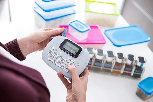 Brother P-Touch, PTM95, Handy Label Maker, 9 Type Styles, 8 Deco Mode Patterns, Navy Blue, Blue Gray