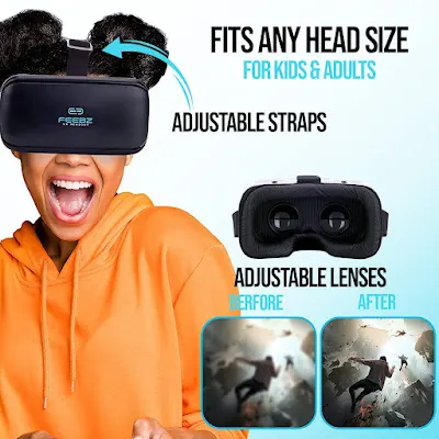 VR Headset Compatible with iPhone & Android - with Built-in Action Button | Virtual Reality Goggles for 4.7”-6.5” Cell Phone - Best Set Glasses | Gift for Kids and Adults for Experiencing VR - Blue