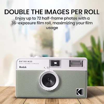 Kodak Film Camera 35mm | Kodak Ektar H35 | Half Frame 35 mm | Film Camera Bundle | Reusable Retro Camera | Steel Film Case | Bundled with 100 4"x6" | Moshify Picture Sleeves (Sage)