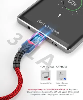 USB-C to USB A Cable 3.1A Fast Charging [2-Pack 6.6ft], JSAUX USB Type C Charger Cord Compatible with Samsung Galaxy S20 S10 S9 S8 A73 A51 A13, Note 20 10, LG G8 G7, PS5 Controller USB C Charger-Red