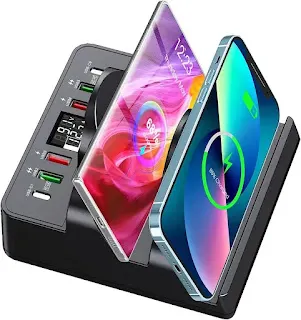 Wireless Charging Station with 6 USB Ports, 8 in 1 15W Dual Wireless Charger Station